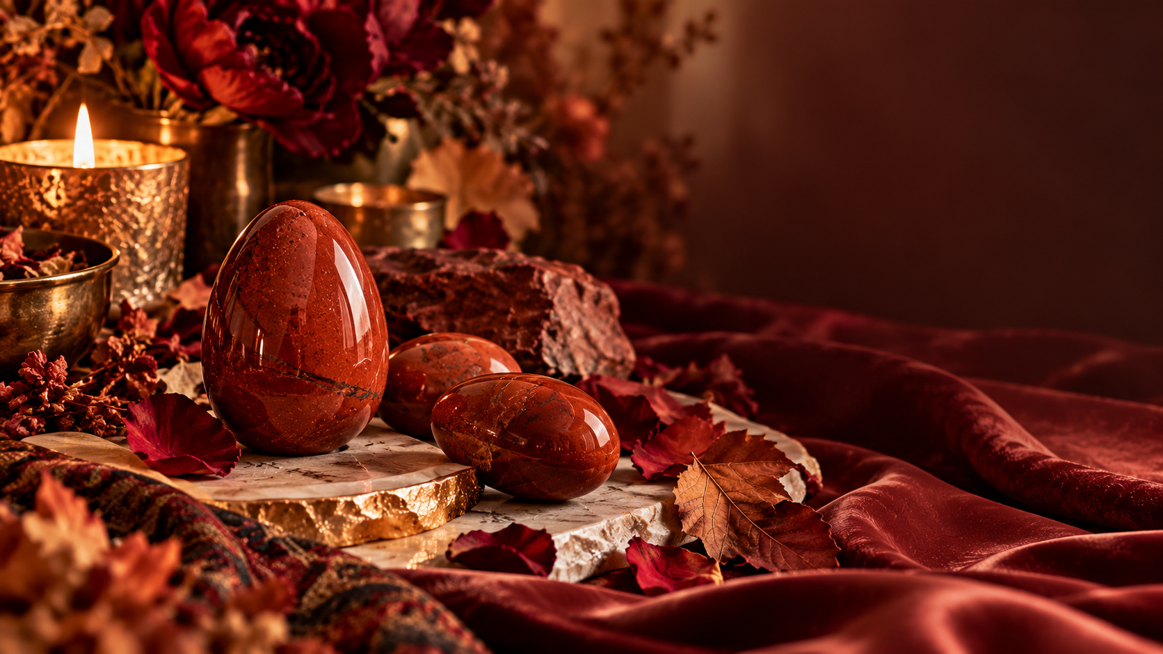 Red Jasper Yoni Egg in an autumn ritual still life - Yoni Wanderland